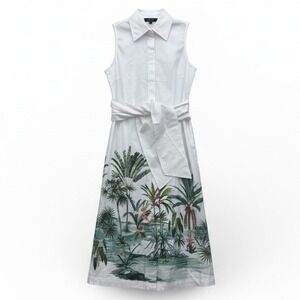 J.McLaughlin Suvi Shirtdress Women S Small White Tropical Palm Tree Midi Button